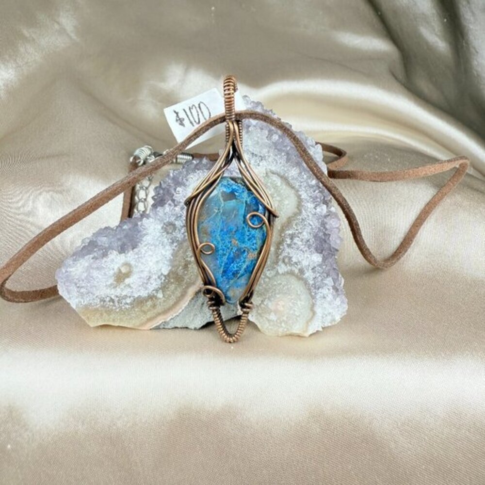 Handmade Copper Wire Wrapped Blue Chrysocolla Raw Stone Pendant Necklace Jewelry